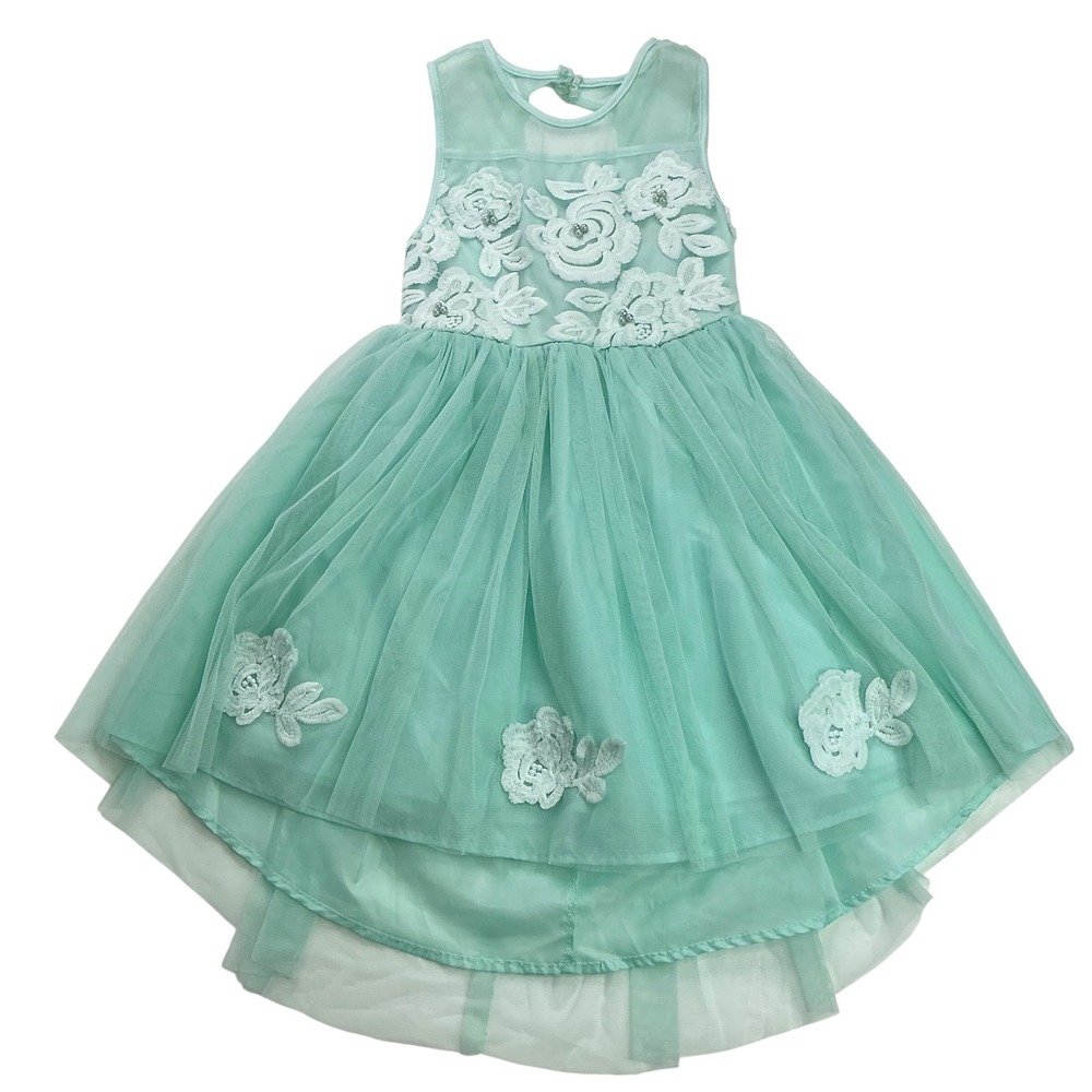 btween Mint Green High-Low Tulle Dress Kids Size 6X Floral Lace Pearl Accents
